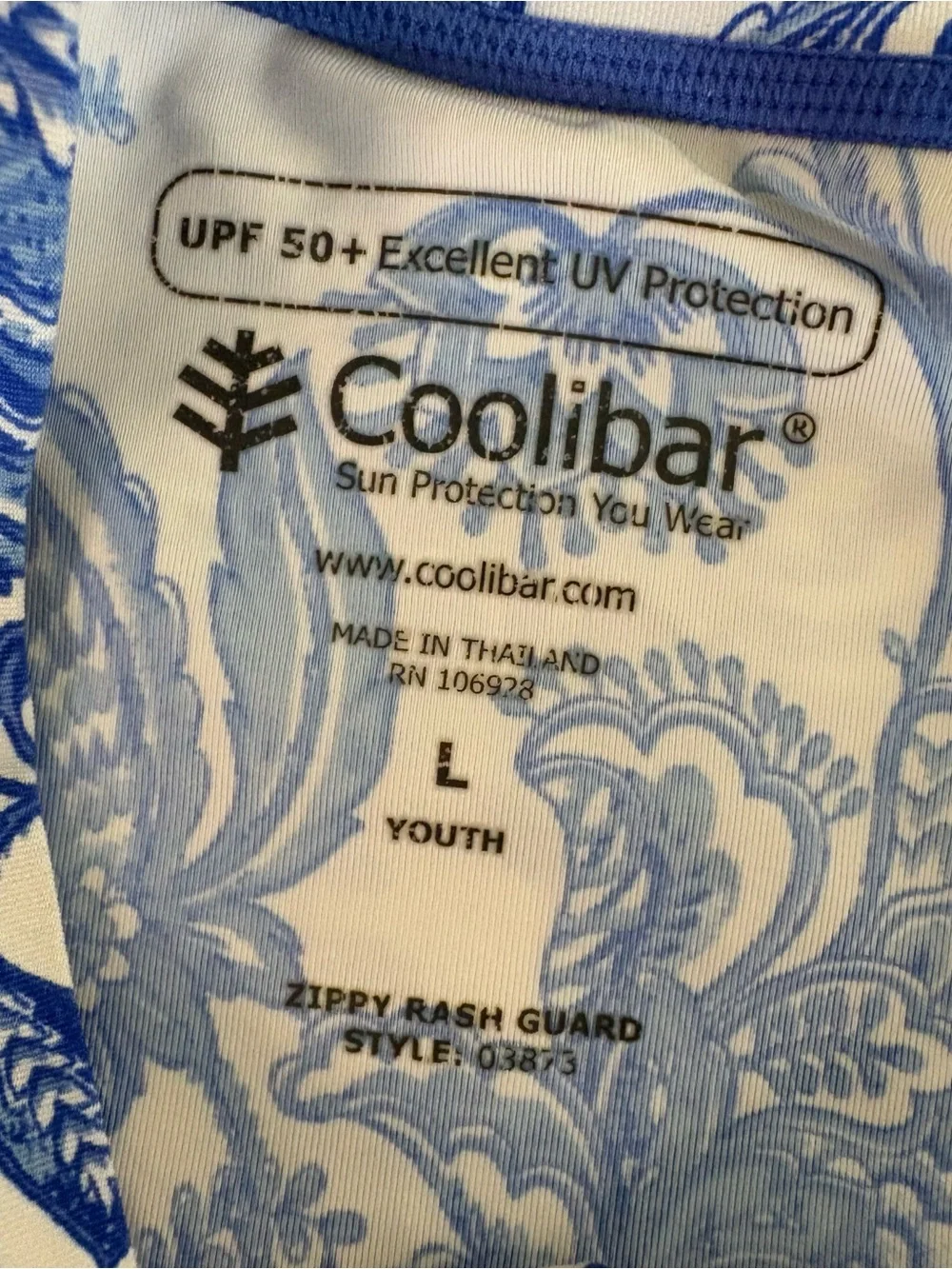 Coolibar Youth Zippy Rash Guard L Blue White Floral Sun Shirt UPF 50+ Fairy